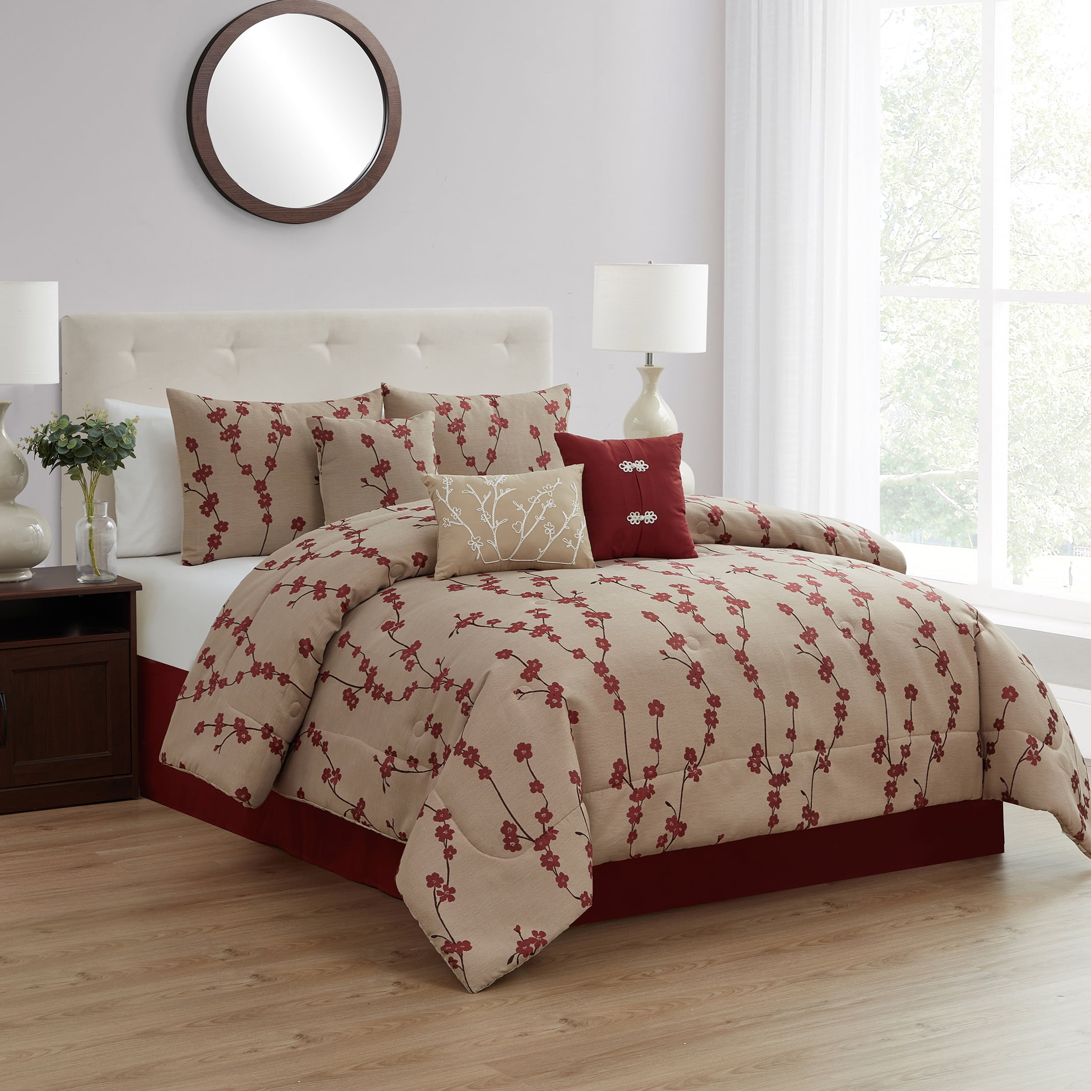 Mainstays Aaroon Red Floral Polyester 7Piece Comforter Set, Full/Queen