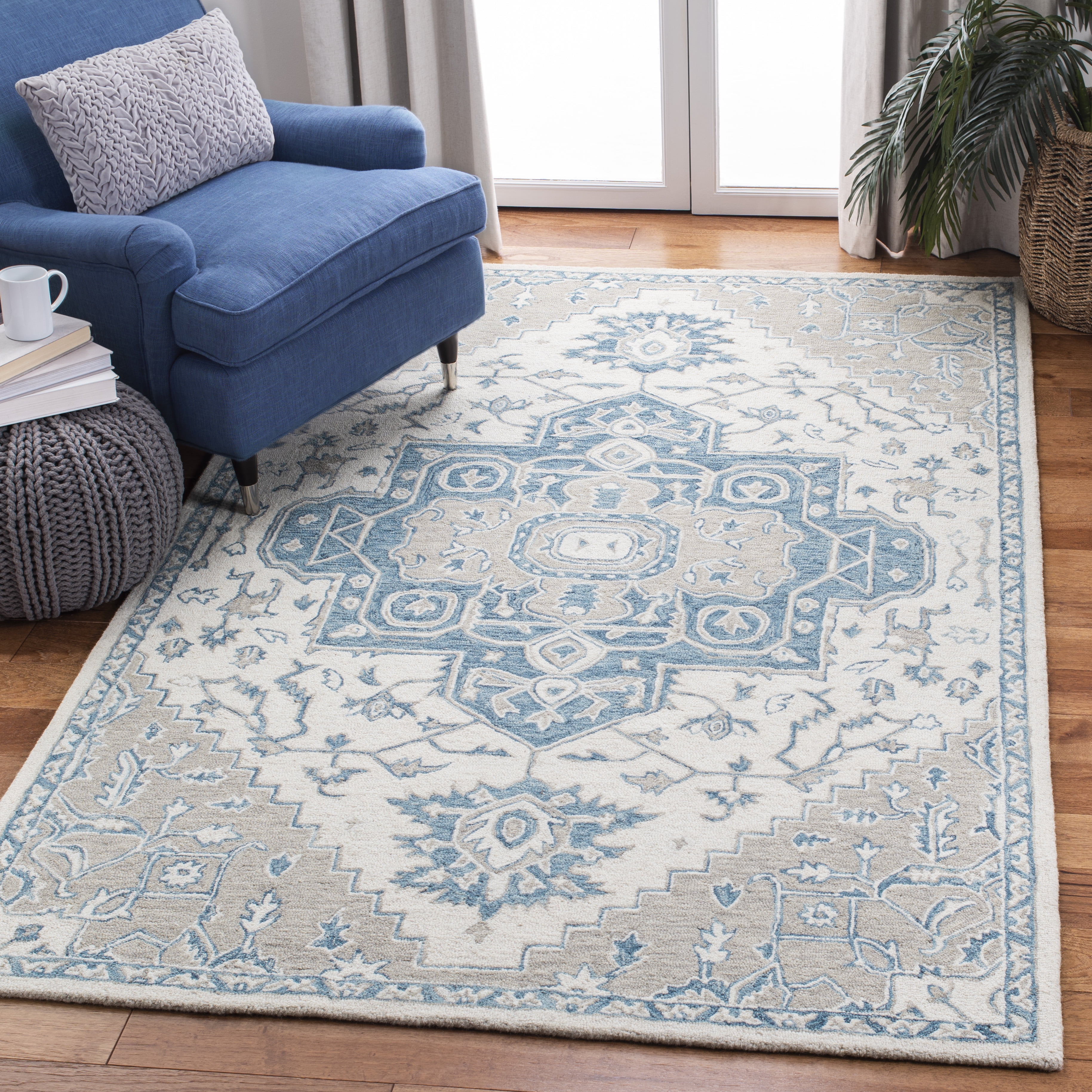 SAFAVIEH Micro-Loop William Medallion Area Rug, Ivory/Blue, 9' x 12'