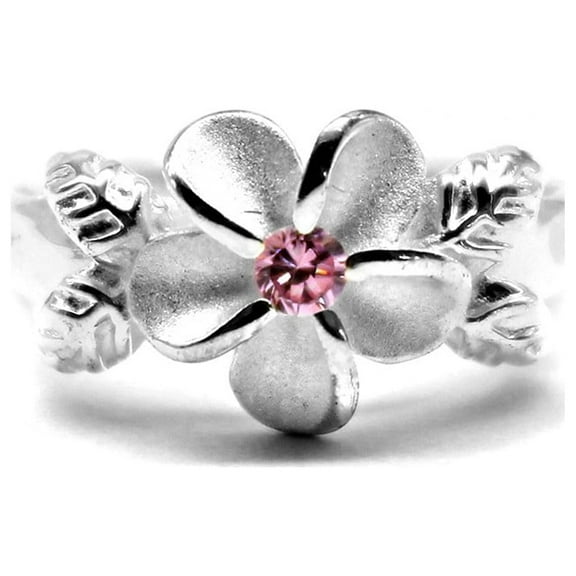 925 Sterling Silver Hawaiian Hibiscus Plumeria Ring CZ Single Shiny Leaves Band