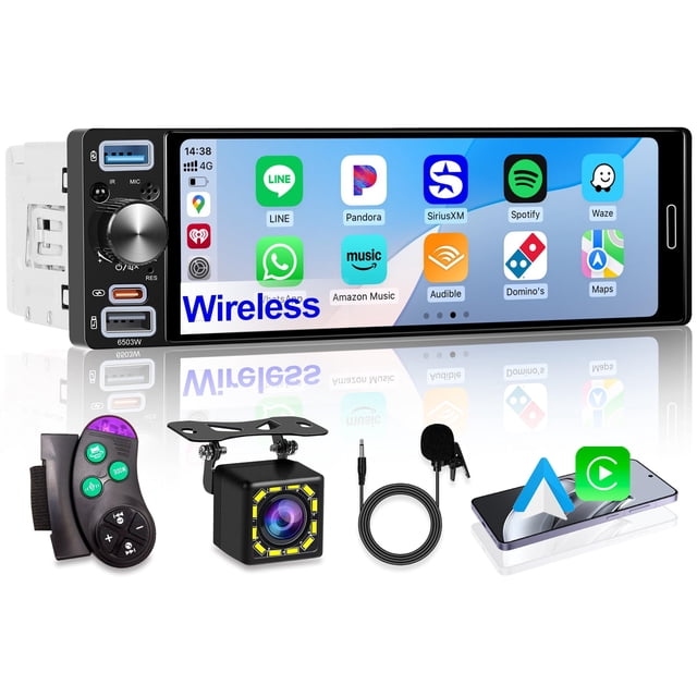6.5" Single Din Car Stereo, Wireless Apple CarPlay Android Auto, Car Bluetooth 5.2, Car Radio with HD In-Cell IPS Touchscreen,FM/AM/RDS, Dual USB Typ
