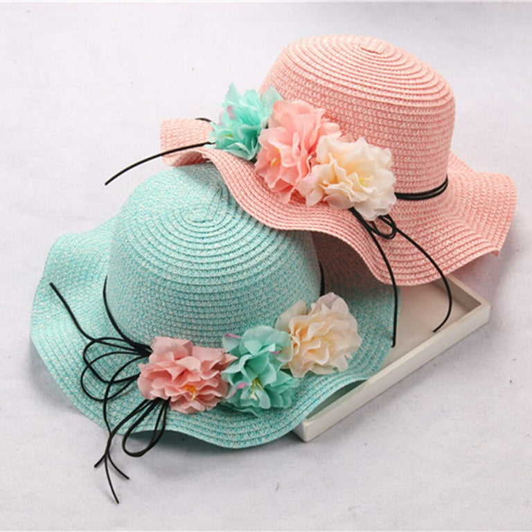 Children Foldable Straw Hat Decorative Flower Sun Protection Hat Wide  Brimmed Visor Summer Woven for Outdoor Beach (Pink)