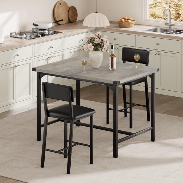 QinaQin Juego de comedor alto para 2 personas con 2 bancos tapizados, reposapiés y protector de esquinas, set de 3 piezas para departamento o cocina