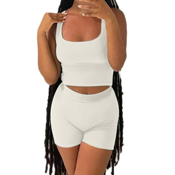 Outfmvch Womens Shorts White Dress Casual Workout Sets Two Piece Outfits For Women Ribbed Crop Tank Top High Waist Leggings Active Wear Sweatpants Set For Women White S