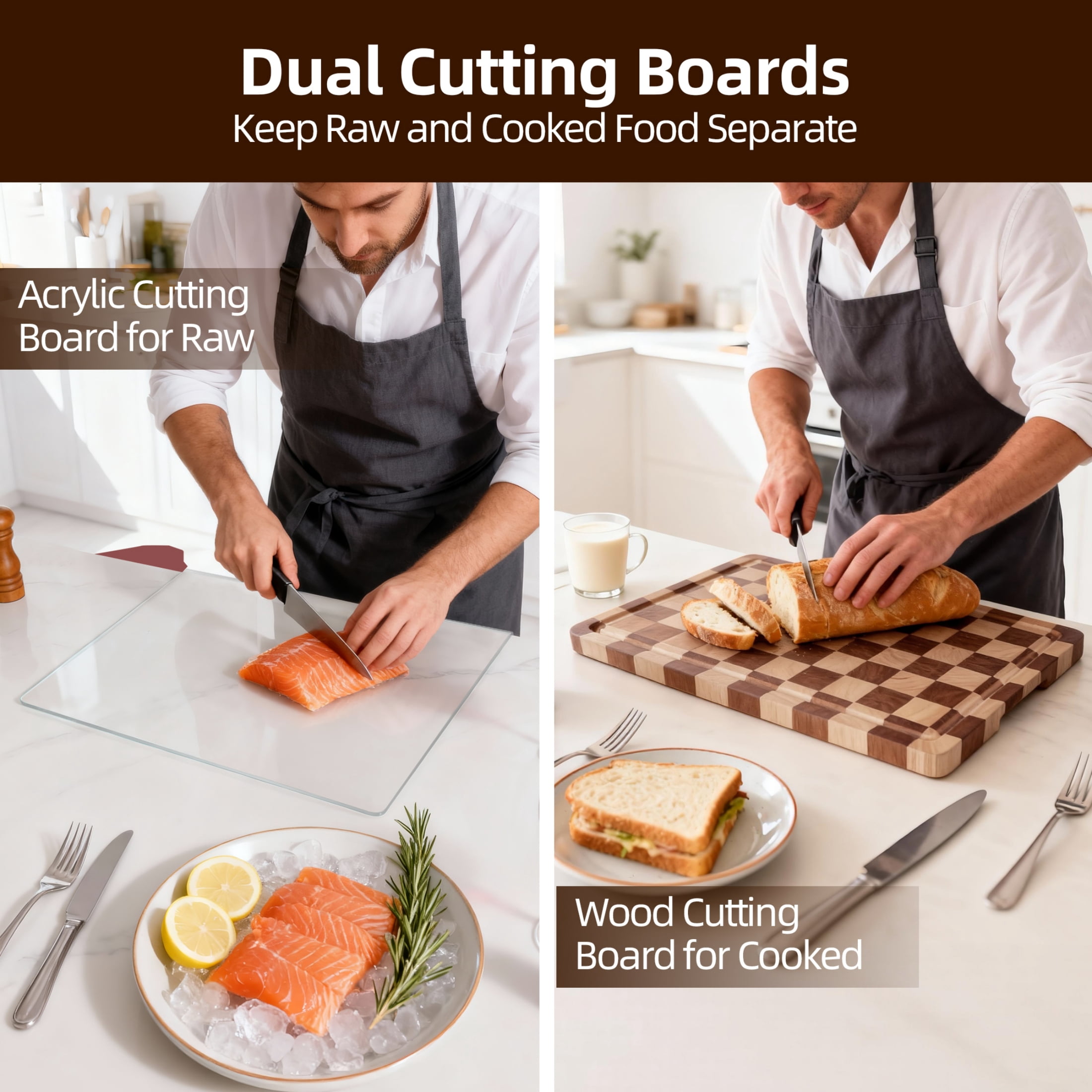 TJ POP Cutting Board Set of 2 – Checkered Wood & Acrylic Cutting Board with Counter Lip for Kitchen Counter, Wood Checkerboard Chopping Board with Juice Grooves for Vegetables, Fruits, Meat