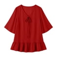 thumbnail image 5 of Tqcoqu Women's Solid Loose Flowy Casual Chiffon Blouse Top,V Neck Tie Front 3/4 Flared Bell Sleeve Ruffle Hem,Wine Women's S-XXXL, 5 of 7