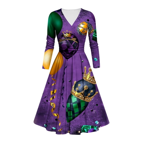 Jjayotai Women's Mardi Gras Costume Dress, Masquerade Mask Trumpet Print Dresses, Carnival Purple Gold Dress Multicolor XL