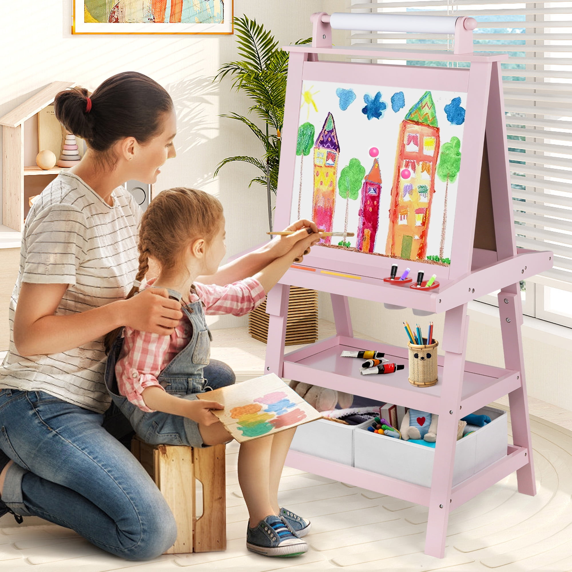 AILEEKISS 3 in 1 Kids Art Easel Double-Sided Magnetic Whiteboard Chalkboard with Paper Roller, Pink