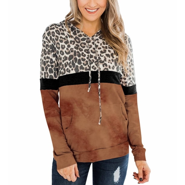 Sudadera de manga larga para mujer, bolsillo con cremallera, marrón, talla M, perfecta para el hogar, los viajes y la oficina. Sudadera con capucha con estampado de leopardo y costuras