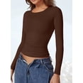 thumbnail image 5 of Women'S Crewneck Long Sleeve Shirt Double Lined Basic Tees Side Ruched Going Out Crop Tops Brown M, 5 of 10