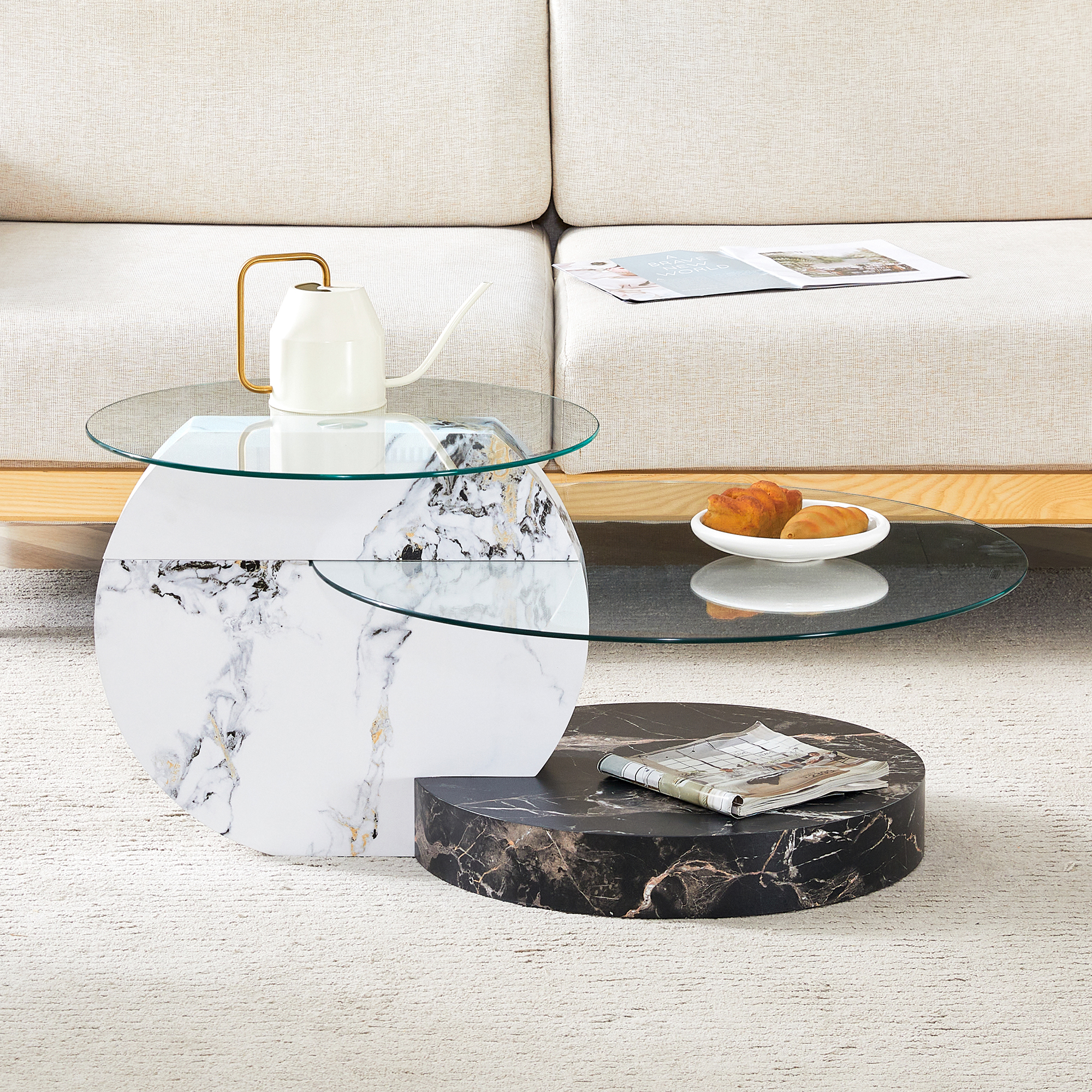 JUFU 35.4" Glass Coffee Table, Modern Round Coffee Table with MDF Faux Marble Base, 2-Tier Tempered Glass Top, Easy to Assemble, Ideal for Living Room, Small Space, Home Office