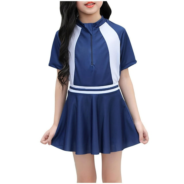 Teen Girls One Piece Short Sleeve Swim Dress Rash Guard Bathing Suit Skirted Zip Front Swimwear Navy 12-14 Years