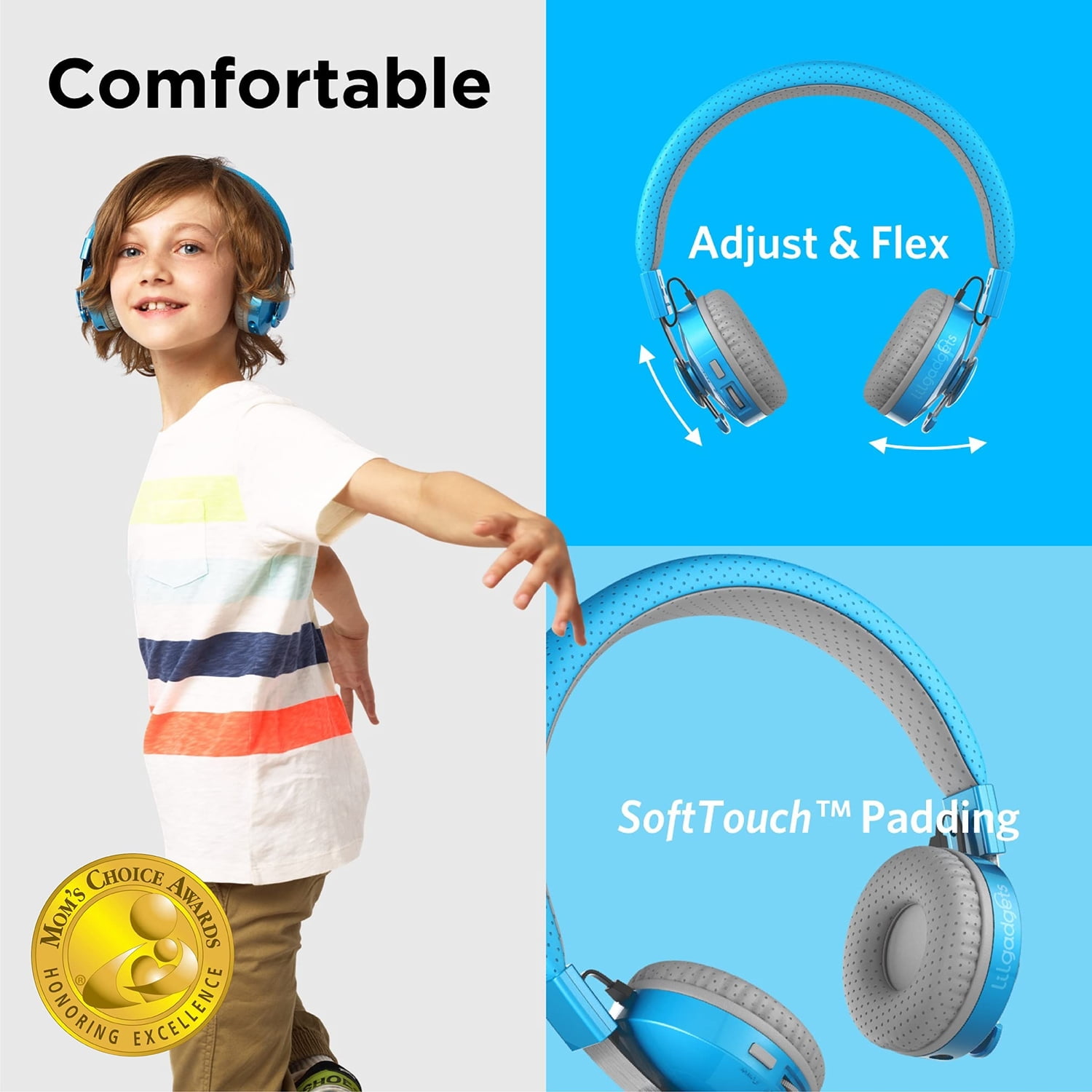 LilGadgets Untangled Pro Wireless Kids Headphones, On-Ear Bluetooth Toddler Headset with Built-In Microphone, Hassle-Free Design, No More Tangled Wires, Perfect for Children in School, Blue