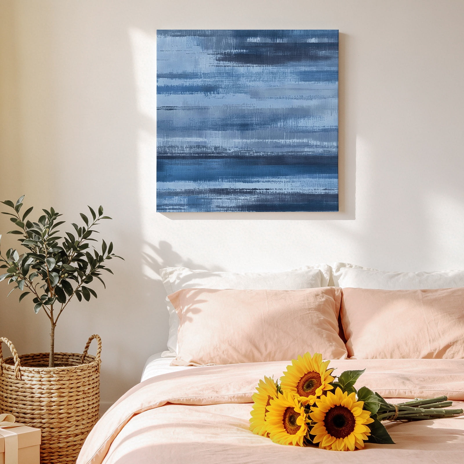 Navy Blue Paint Canvas Wall Art for Living Room, Watercolor Abstract Blue Stripes Poster Print Painting for Bedroom Office Home Decoration Wall Pictures Prepare To Hang 16"x16"