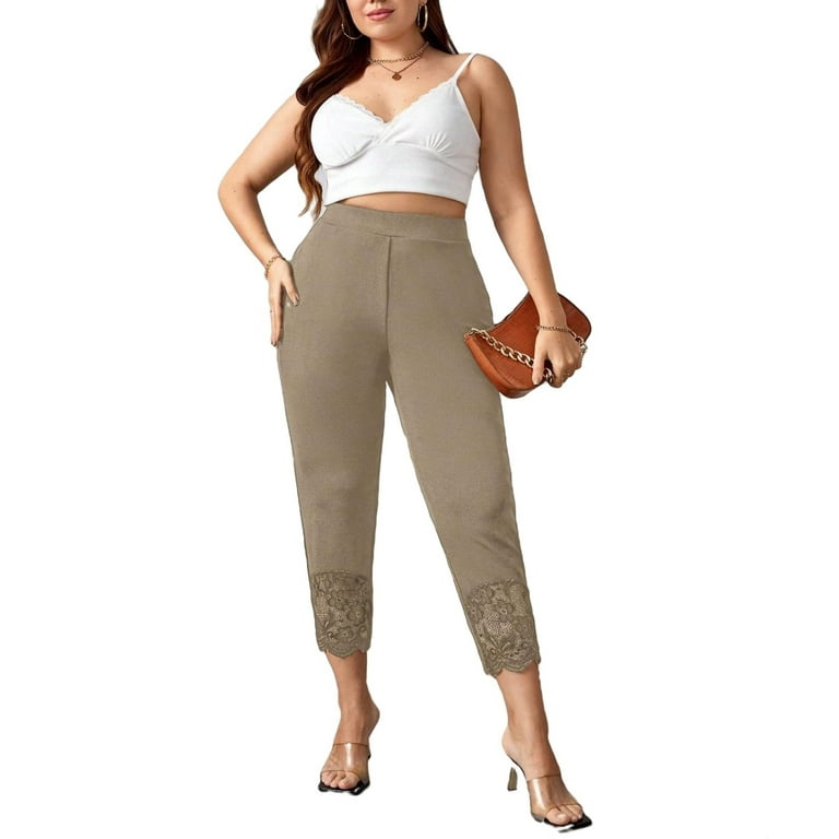 Women s Elegant Plain Straight Leg Khaki Capris Plus Size Pants