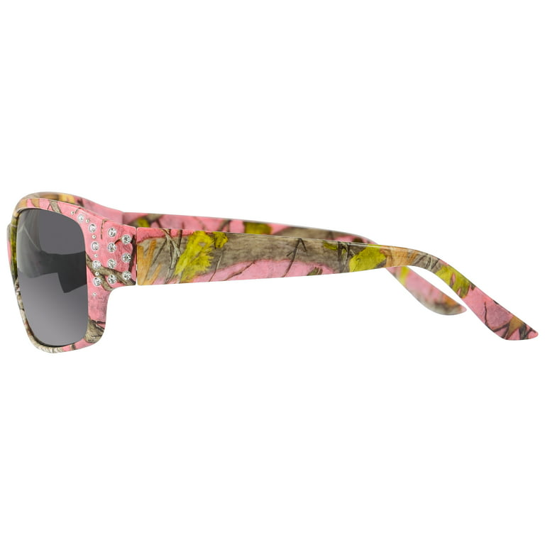 Polarized Pink Camo Sunglasses for Women - Diamante - Pink Camo Frame -  Smoke Lens