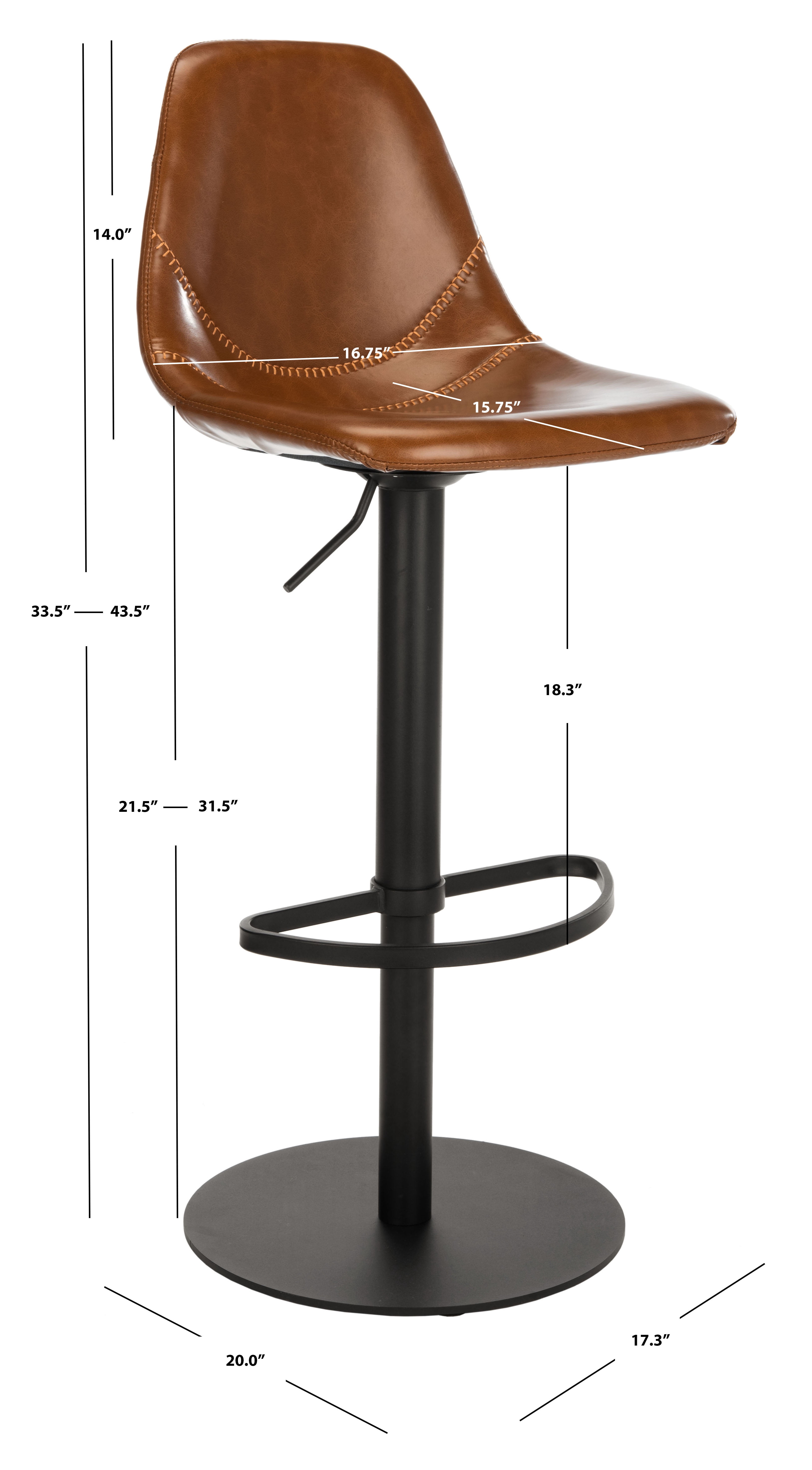 SAFAVIEH Sky Light Brown/Black High Back Tufted Bar Stool (17.25 in. W x 20 in. D x 33.5/43.5 in. H)
