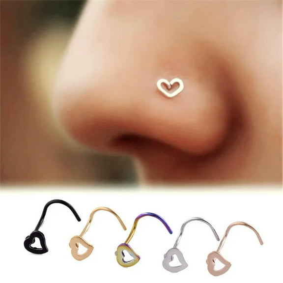 HOOUN 5Pcs Stainless Steel Heart Piercing Nose Ring Nose Stud Rings Body Jewe-ca@