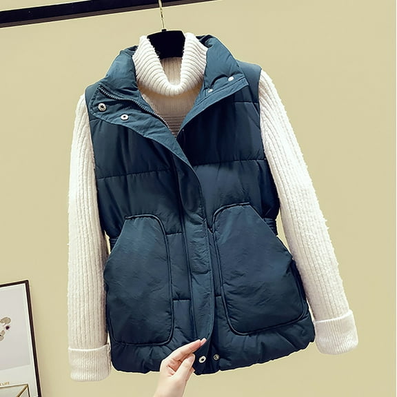 AOOCHASLIY Ladies Coat Clothes Women Pocket Vest Coat Short Jacket Winter Sleeveless Turn Down Collar Zipper Solid Outerwear