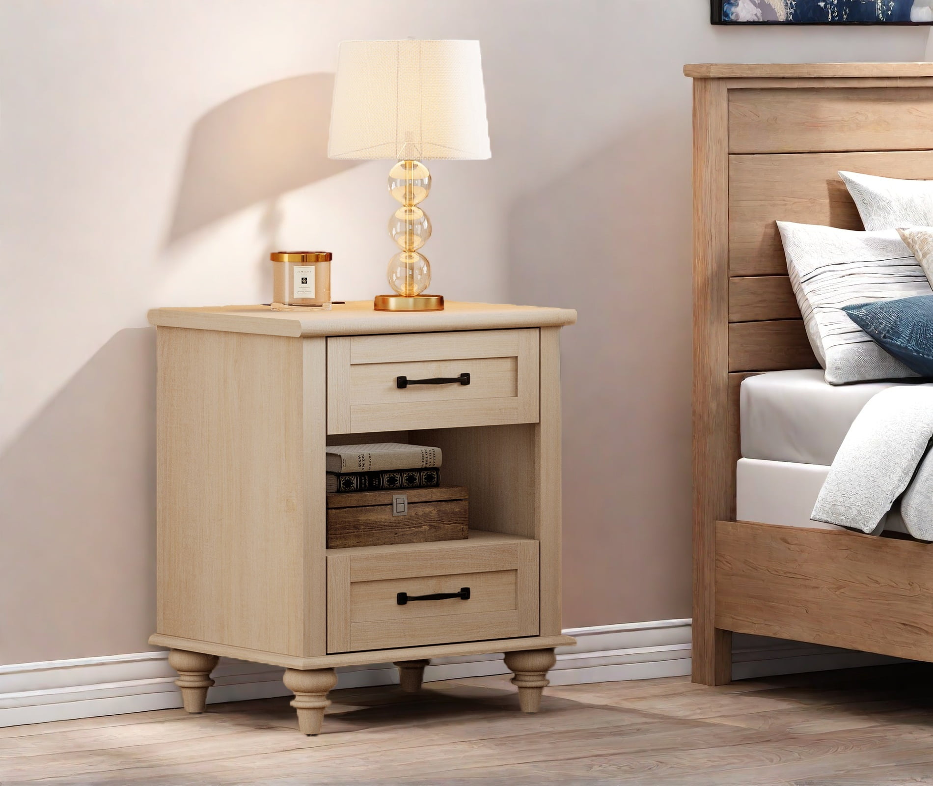 Beige Nightstand with Charging Station, Wooden Side Table with 2 Drawers & Open Shelf for Living Room & Bedroom