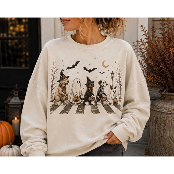 Vintage Spooky Animal Parade Shirt, Ghost Cat Dog Crewneck, Trick or Treat Sweatshirt