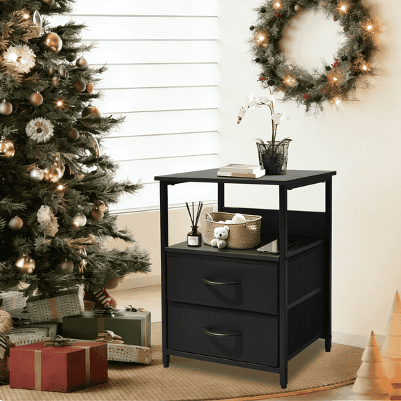 OUTMASTER Black Nightstand with 2 Drawers,Sturdy Bedside Table for Bedroom,Classic Bedroom Side Table