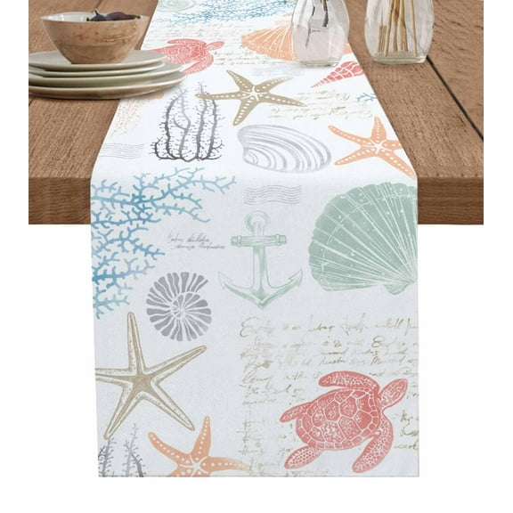 Ldtrchee Orange Red Blue Coastal Nautical Table Runner 36 Inches, Beach Sea Turtle Ocean Coral Starfish Bed Runner Dresser Scarves Tabletop for Indoor Outdoor Parties/Ceremony/Banquet, 13"x 36"