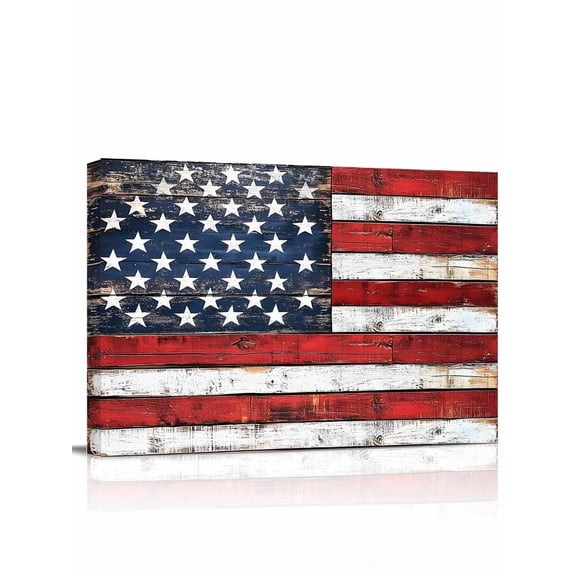 Vintage American Flag Wall Art for Living Room,Canvas Picture Wall Decor for Bathroom Bedroom,Country Wooden USA Flag Painting Artwork for Office Kitchen Hallway Dining Room Home Decorations 20"x24"