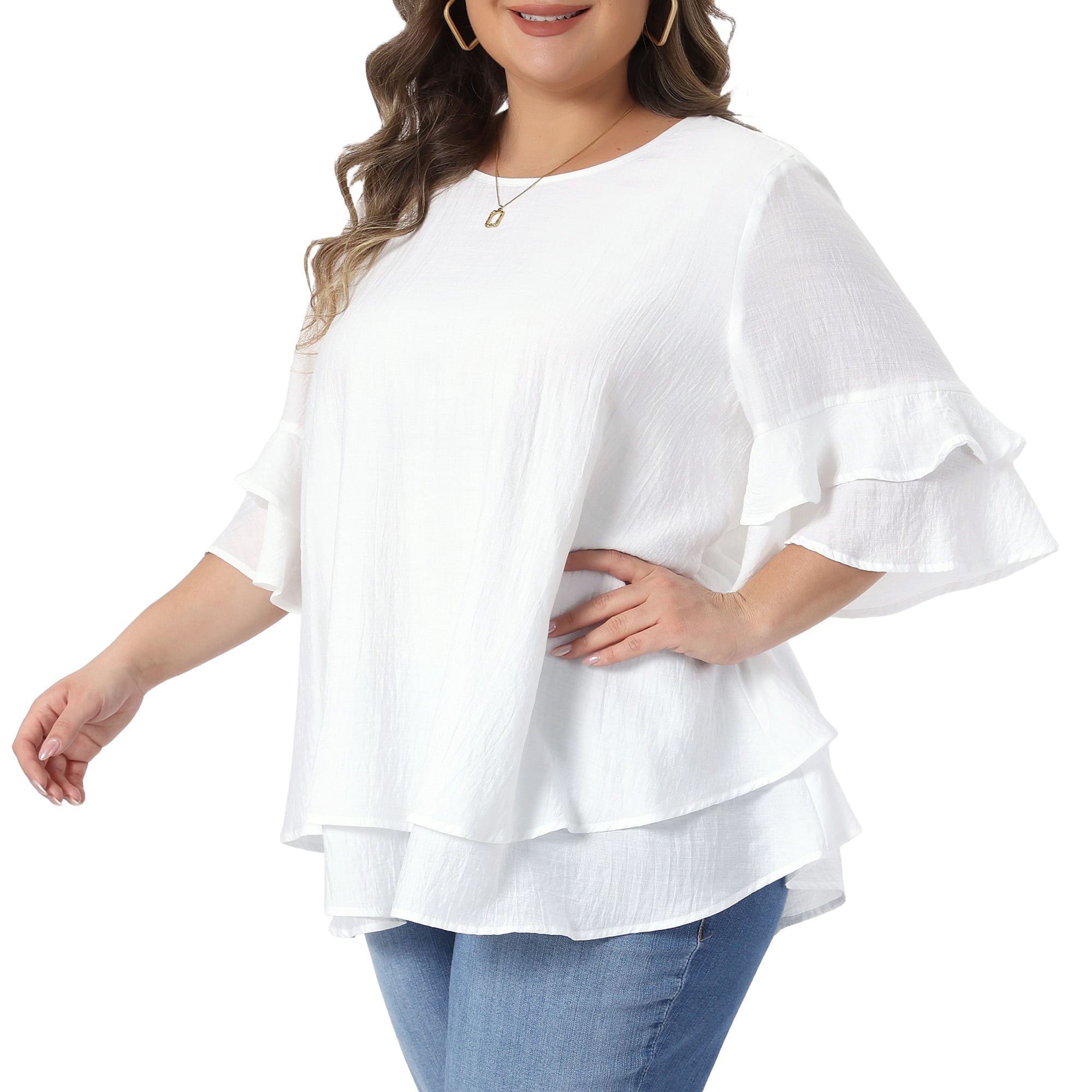 DARING DIVA Women's Plus with Crew Neck and Ruffle Half Tops 4X White