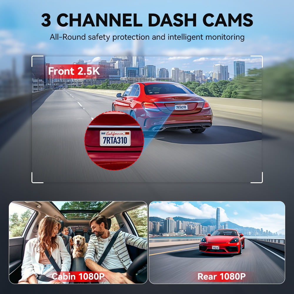 REDTIGER A3 Dash Camera,  3 Channel, 2.5K Front + 1080P Dash Cam Front and Rear and Inside, Free 32GB Card, WiFi Car Security Camera, WDR Night Vision, 24H Parking Monitor