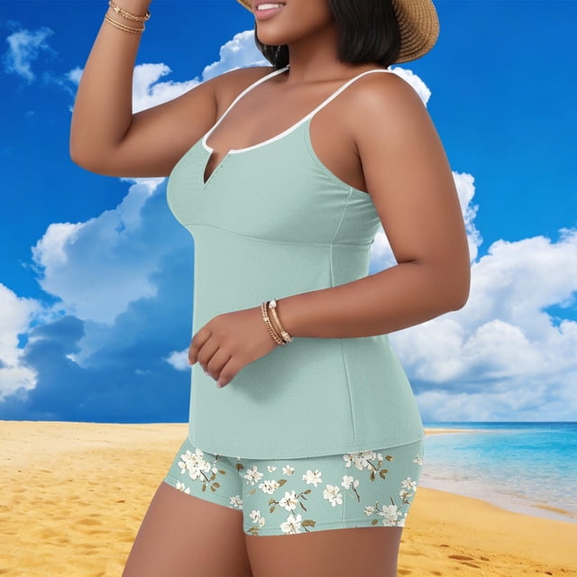 Traje de baño tankini de dos piezas para mujer, informal, de gran tamaño, de color liso, con parte superior dividida y acolchado en el pecho. Traje de baño tankini para mujer. Traje de baño de dos pie