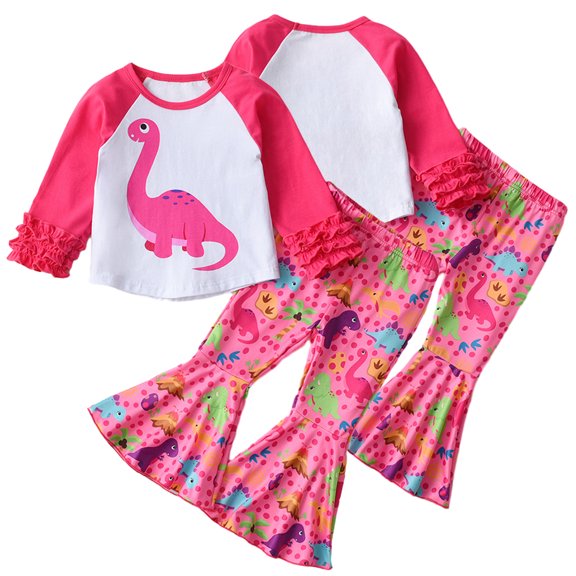 Esaierr Infant Toddler Baby Girls Sweatshirt Clothes Outfits Set Spring Dinosaur Colorblocking Long Sleeve Sweater T-Shirt   Dinosaur Print Flared Pants 2 Piece Set for 9 Months-5 Years