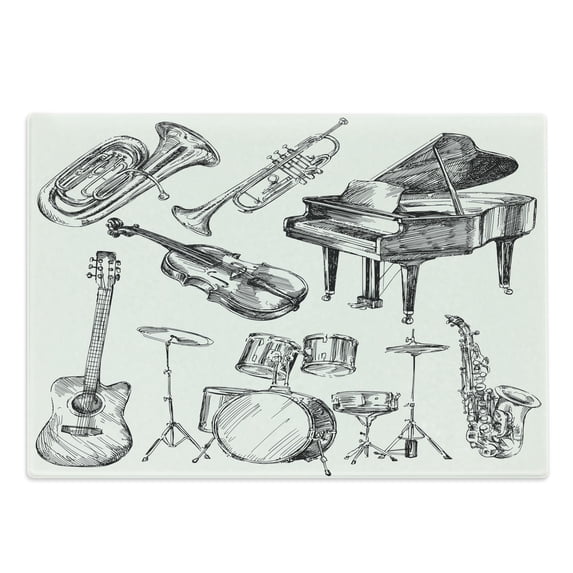 Jazz Music Cutting Board, Illustration of Musical Instruments Sketch Style Art Trumpet Piano Guitar, Decorative Tempered Glass Cutting and Serving Board, Large Size, Beige Black, by Ambesonne