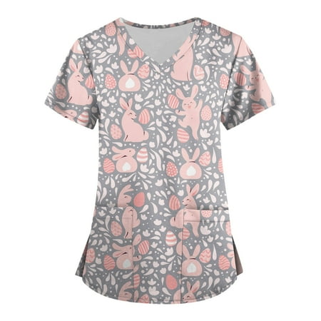

XHJUN Womens Scrub Tops Stretchy Printed Easter Bunny Print Scrub Tops Short Sleeve V Neck with Pocket Watermelon Red XXXXL