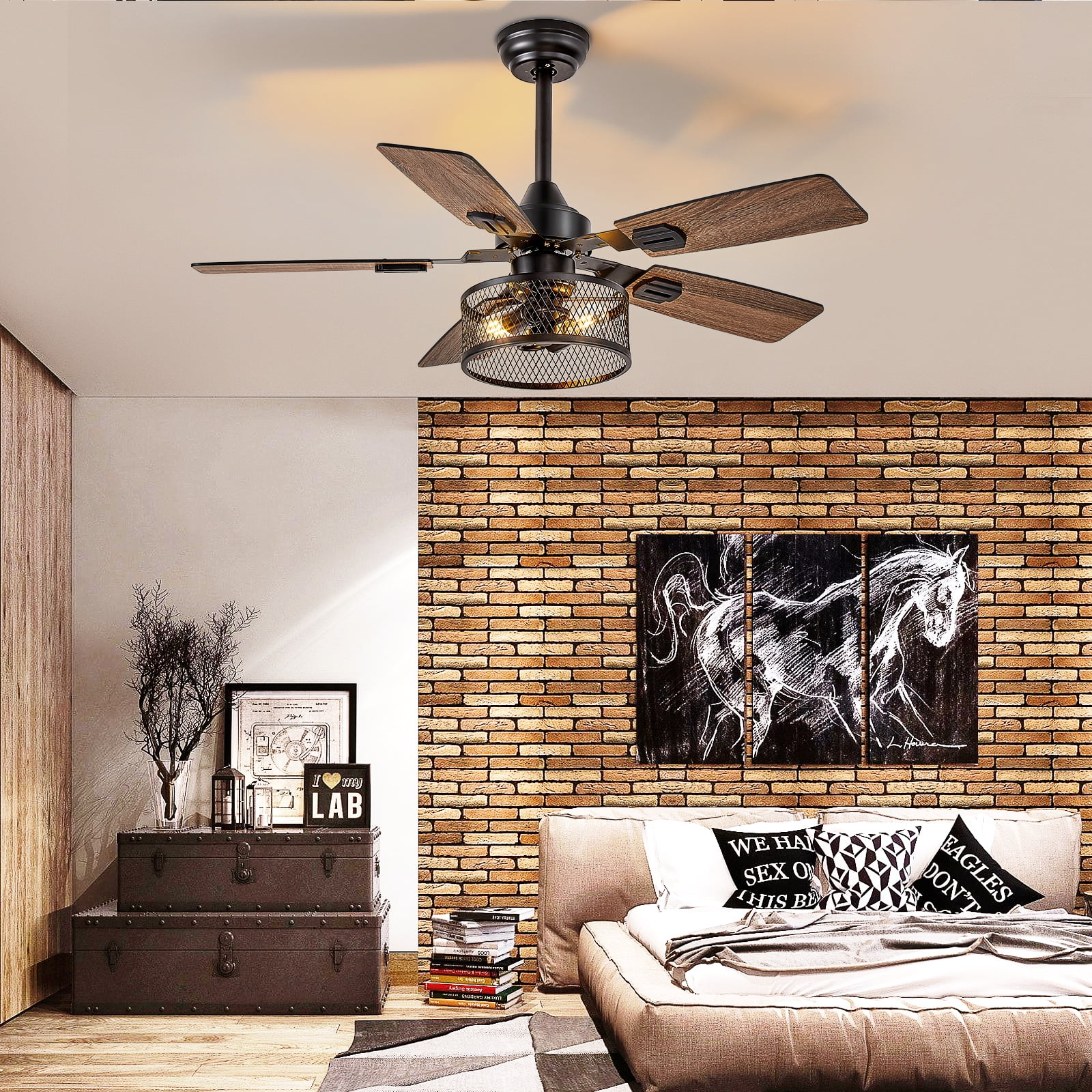 Depuley 42-Inch Fine Net Caged Ceiling Fans with Lights: Dual Finish 5 Black Walnut Blades Hanging Fan - Rustic Ceiling Fan with Remote Control for Farmhouse Indoor/Outdoor Use