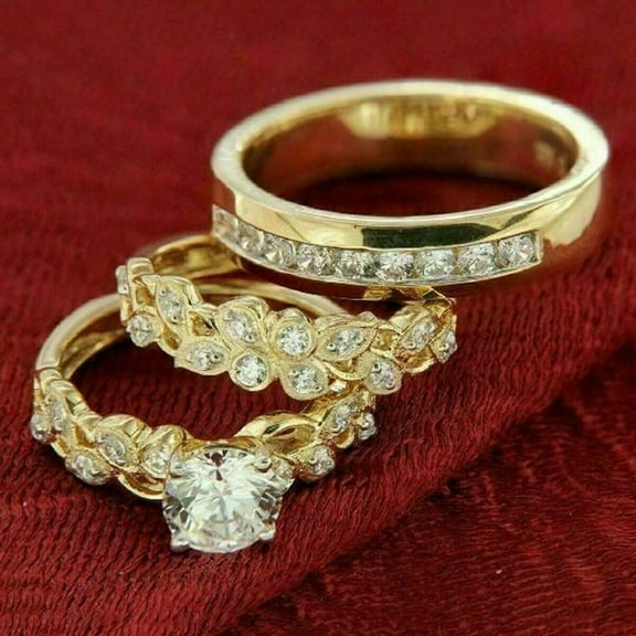 Sparkle Jewels 14K Yellow Gold Finish Round Cubic Zirconia His & Her Trio Ring Set