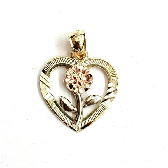 14k 3 color solid Gold heart rose flower Pendant charm fine love jewelry 1.5g