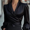 thumbnail image 2 of MORTTIC Women's Elegant Professional V-Neck Satin Long Sleeve Blouse Tie-Waist Top for Work & Commute Black，S, 2 of 4