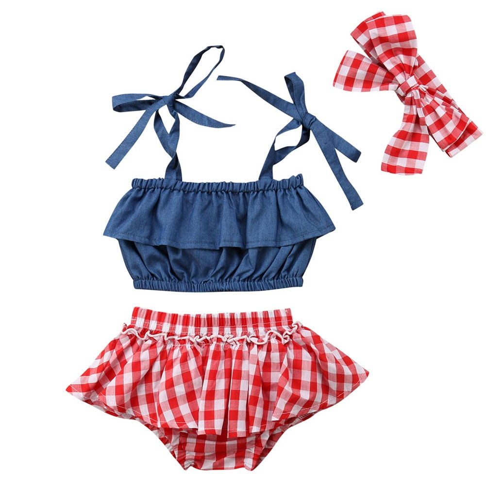 3pcs Toddler Baby Girls Plaid Ruffle Buttons Strap Tank Top Shorts Headband Set