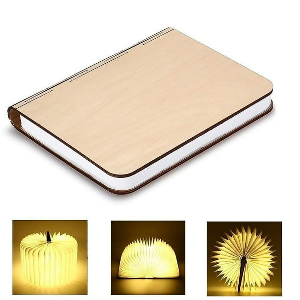 Lámpara de mesa LED plegable de madera, estilo libro, recargable por USB, decorativa, de ambiente y nocturna (blanco cálido)