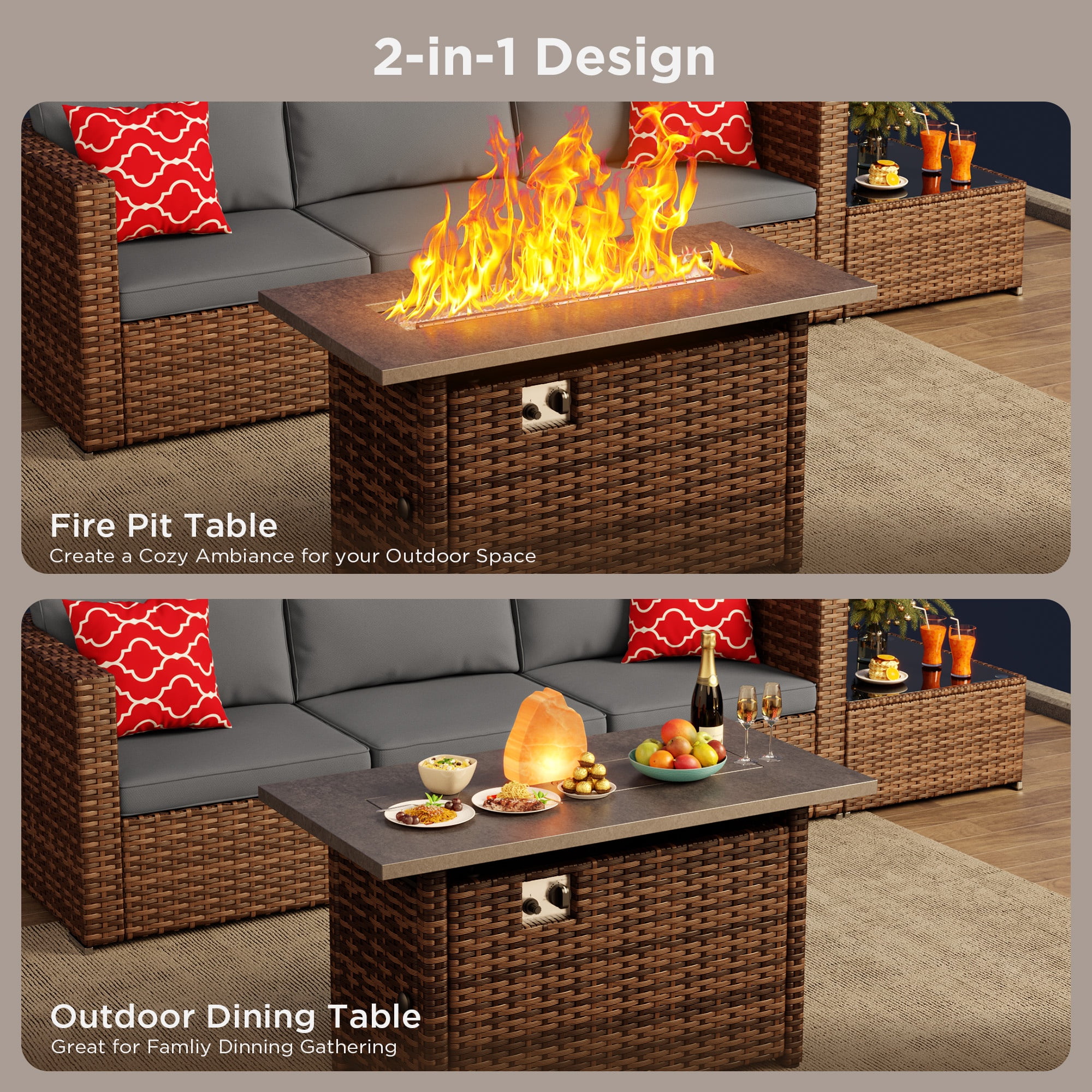Noelse 6 Piece Outdoor Patio Furniture Set with 45" Propane 2 in 1 Fire Pit Table, Modular Rattan Sectional Sofa, Coffee Table, Outdoor Conversation Set for yard, Patio, Gray
