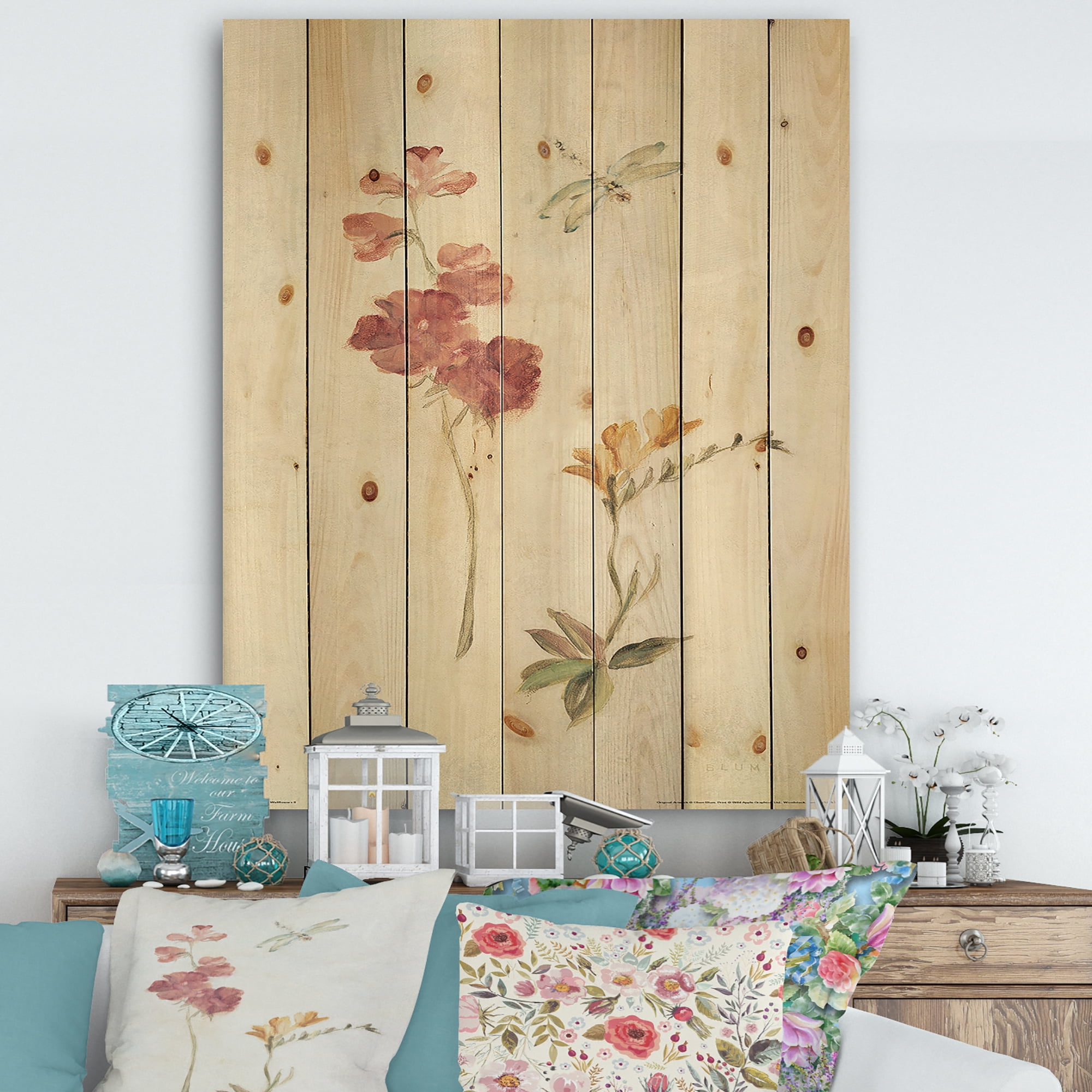 Designart 'Wild Simple Wallflowers II' Farmhouse Print on Natural Pine Wood