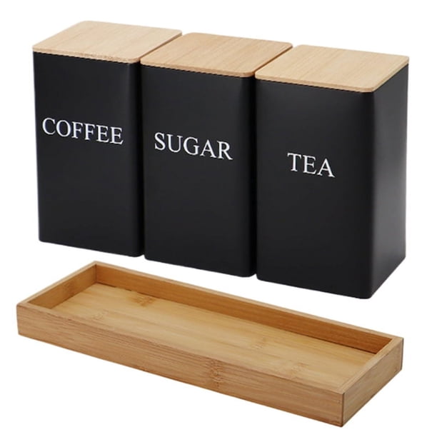 Juego de 3 Botes para Té, Café y AzúCar con Bandeja, Tarros de Hierro para Té y Café con Tapa de Bambú, Recipientes para Café, AzúCar y Té A