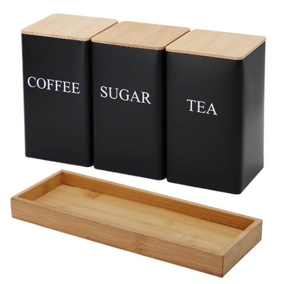 3PCS Set Tea Coffee Sugar Canister Set with Tray Iron Tea and Coffee Jars with Bamboo Lid Coffee Sugar Tea Containers A