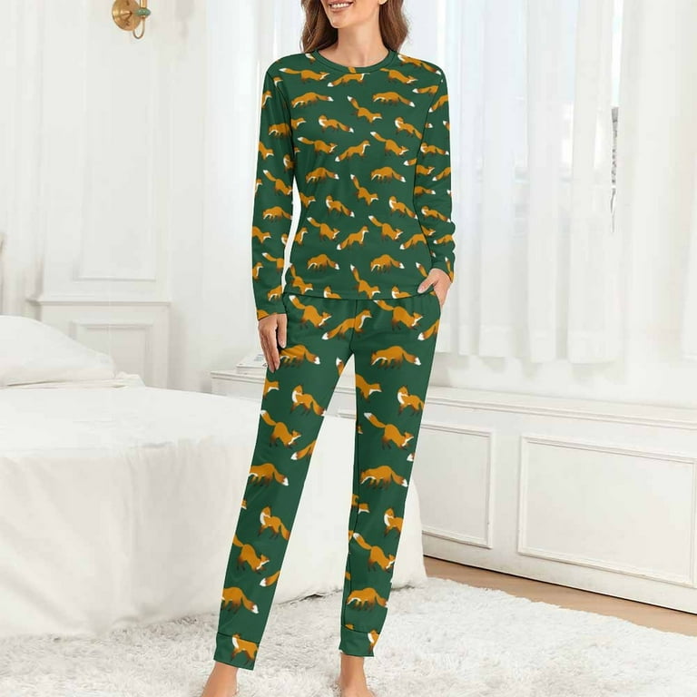 Womens Pajama Sets, Cartoon Fox Piece Pjs Sets Long Sleeve Top