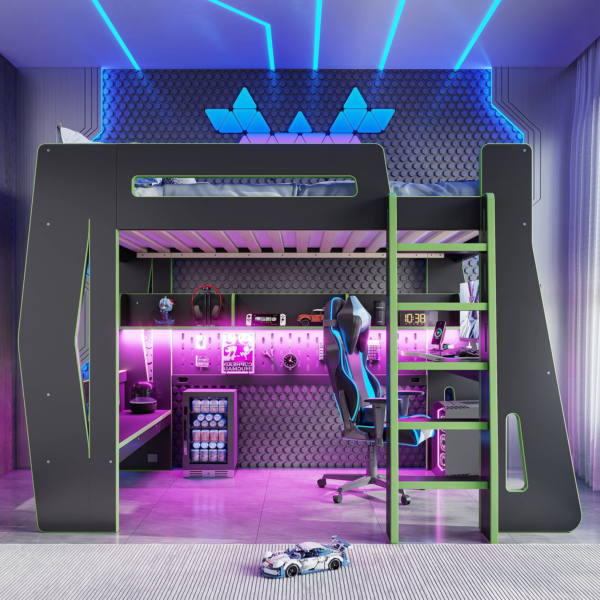 Mintazer Twin Size Gaming Loft Bed with Desk & LED Ambient Light, Esports Loft Bed with Storage Shelves & Power Outlet for Teens Bedroom, Green