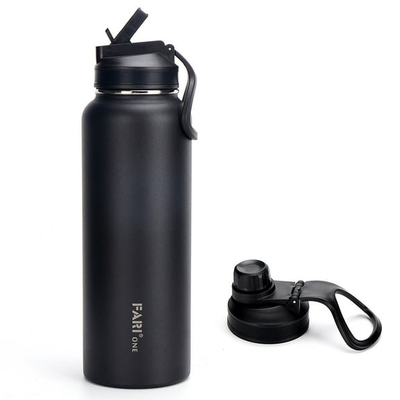 Sports Water Bottle with Straw & Spout Lids, 40 oz Double Wall Vacuum Insulated Flasks Stainless Steel with Wide Mouth