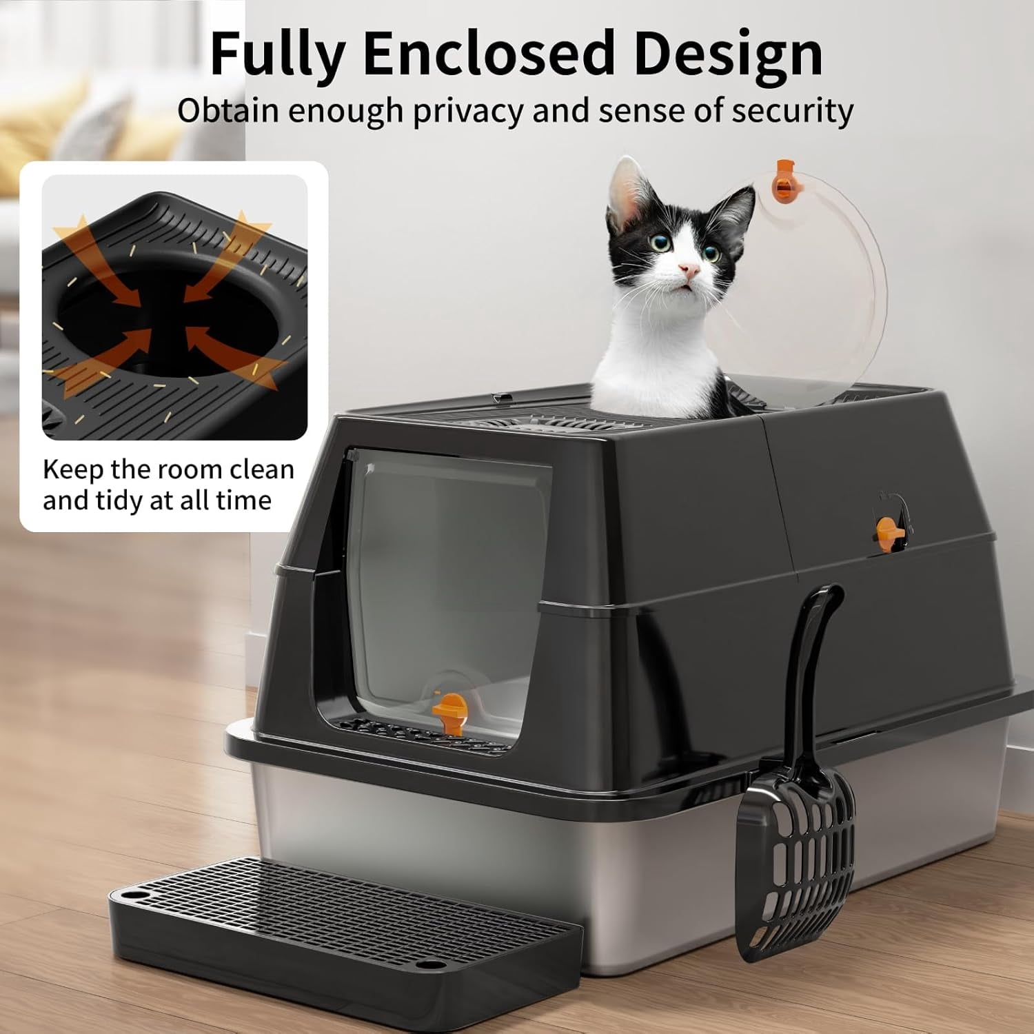 Stainless Steel Cat Litter Box with Lid, 180 °   Flip-Top XL Extra Large Enclosed Litter Box, Covered Metal High Sided Litter Pan with Steps & Scoop, Easy Cleaning, Odor Control,Non-Sticky-Black