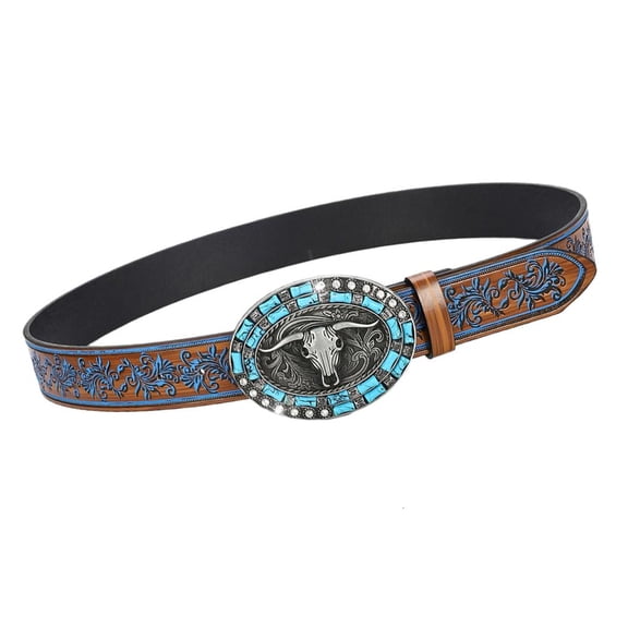 Embossed Western Belt With Bull Head Pattern Adjustable Waist Strap For Men Jeans