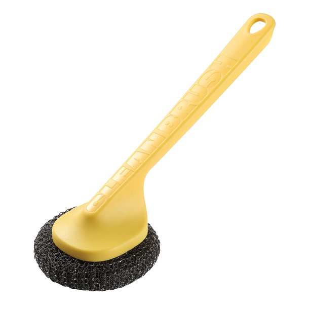 Cepillo para ollas con cabezal de bola de acero, agarre antideslizante, orificio para colgar, mango largo, fregador de platos, herramienta de limpieza de cocina