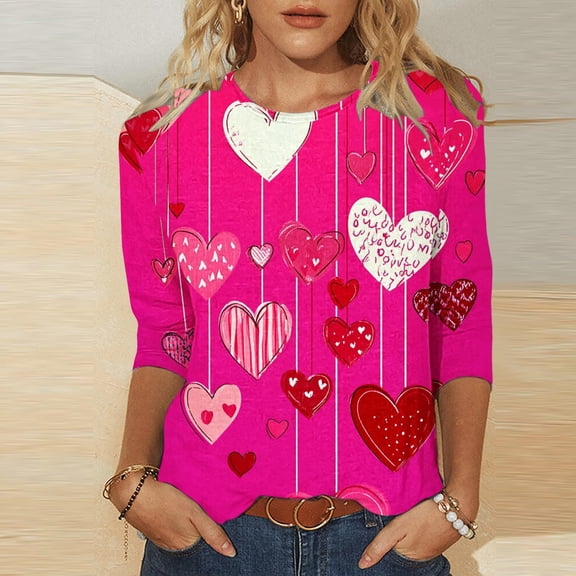 SOOMLON Valentine's Day Shirts for Women Girl Friend Valentines Gift Tunic 3/4 Sleeve Scoop Neck Tops Funny Love Heart Print Blouses Fashion Festival Clothes 2025 Hot Pink XL